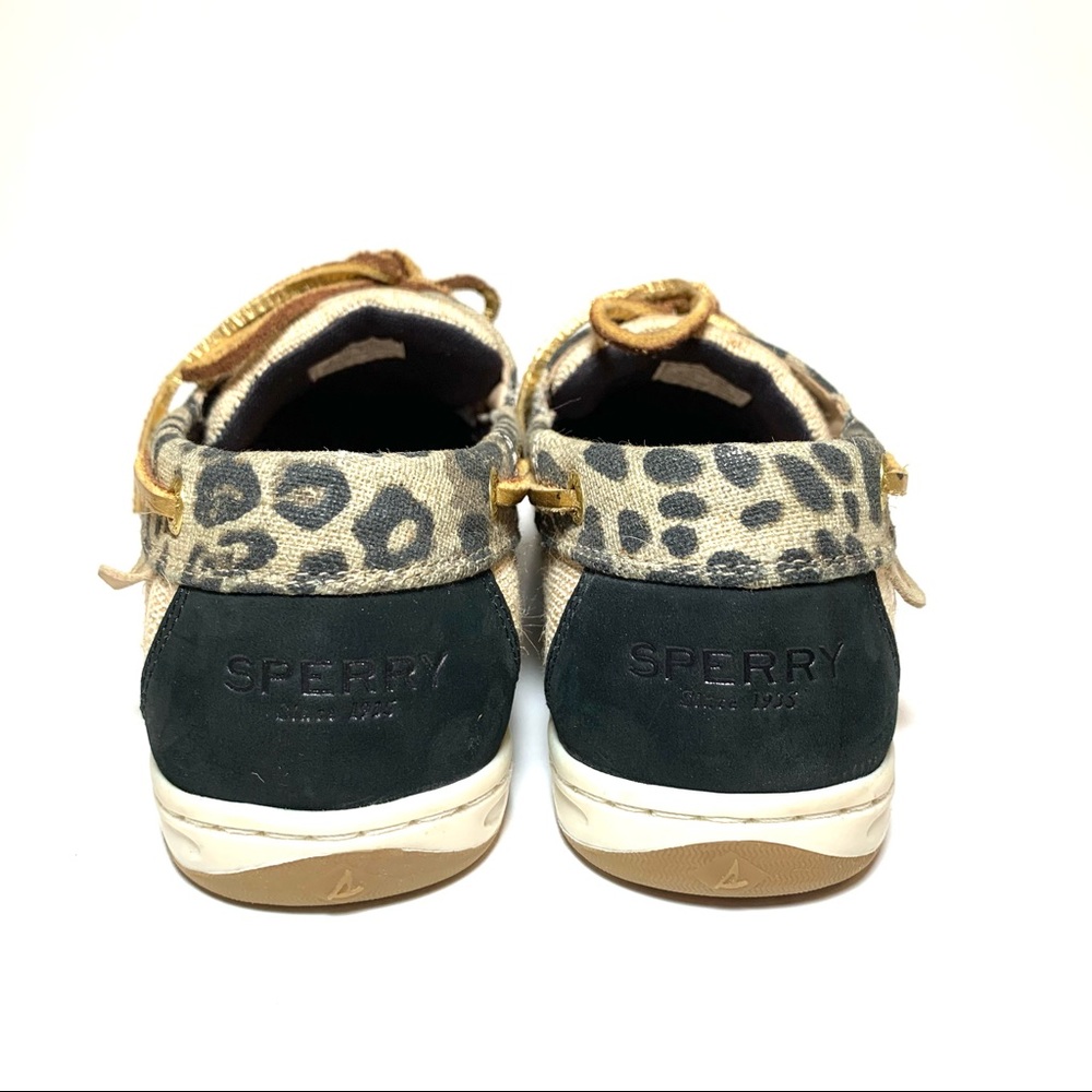 Sperry Bluefish Boat Shoes 8.5 Black Tan Cheetah Trim Leather Loafers Womens